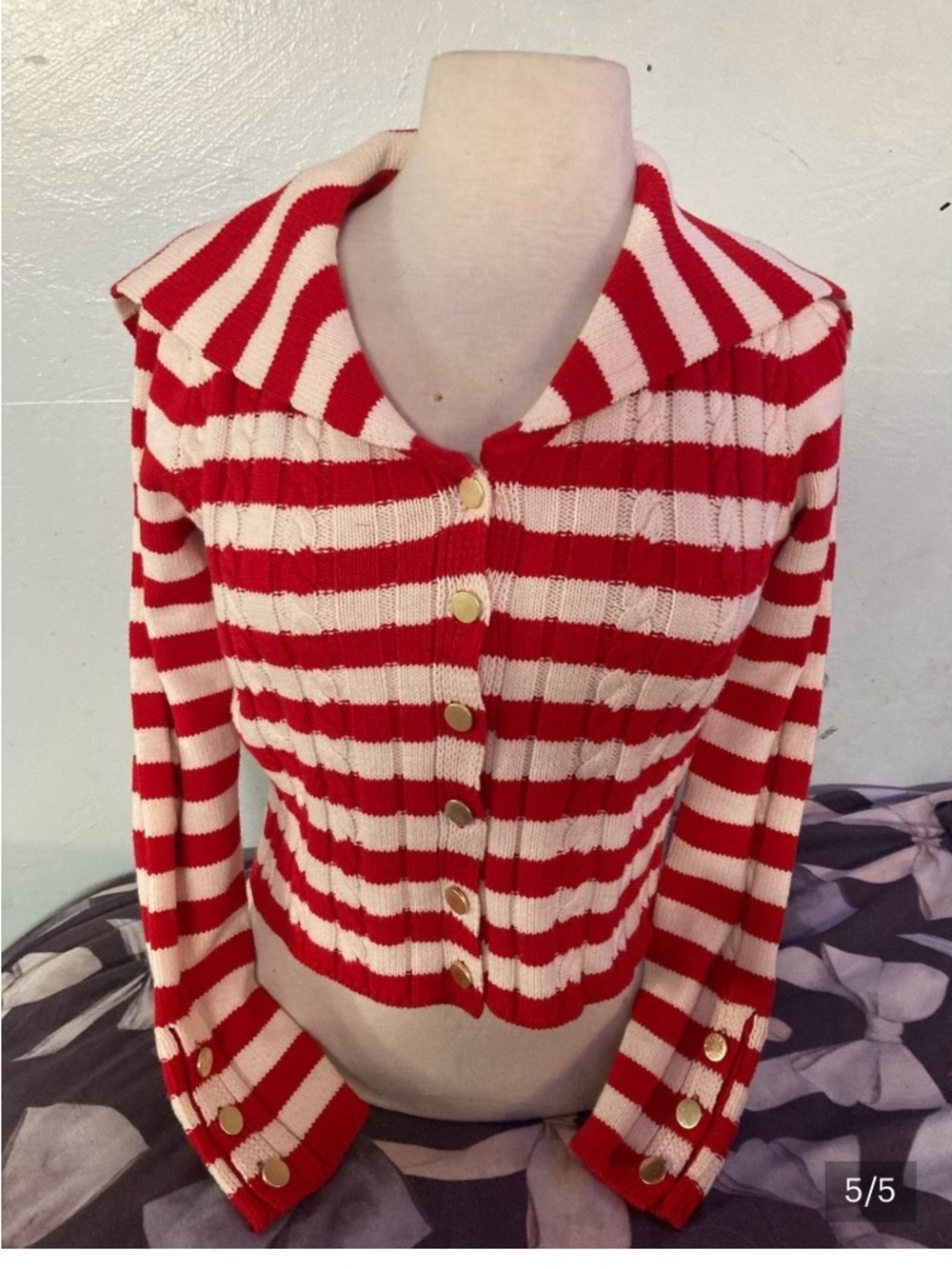 Marled Red & Cream Striped Knit Cardigan with Gold Buttons - Kids